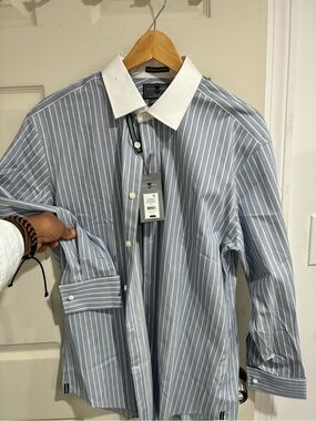 Black Brown 1826 Blue and White Stripe Dress Shirt with White Contrast Collar.